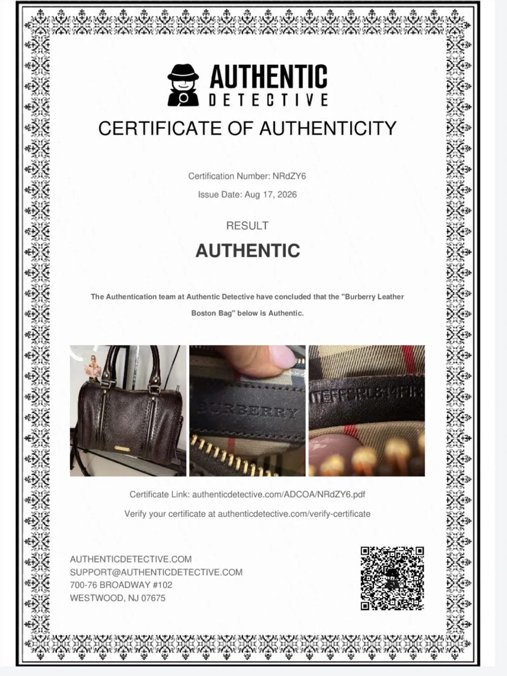 Burberry Brown Leather Boston Bag Authentic + COA